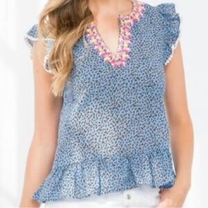 THML women’s leopard print design color
embroidered neckline and pompom trim top